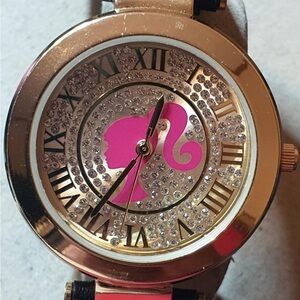 Barbie by Accutime Goldtone/Black Rhinestone Leather Women's Watch